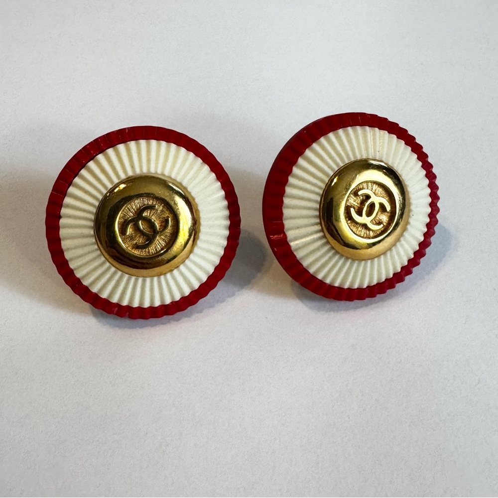 CHANEL, Vintage Red, White, & Gold Tone CC Earrings